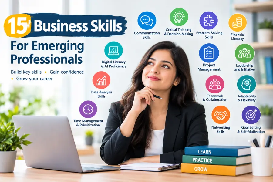 15 business skills for emerging professionals, including communication, leadership, teamwork, and problem-solving.