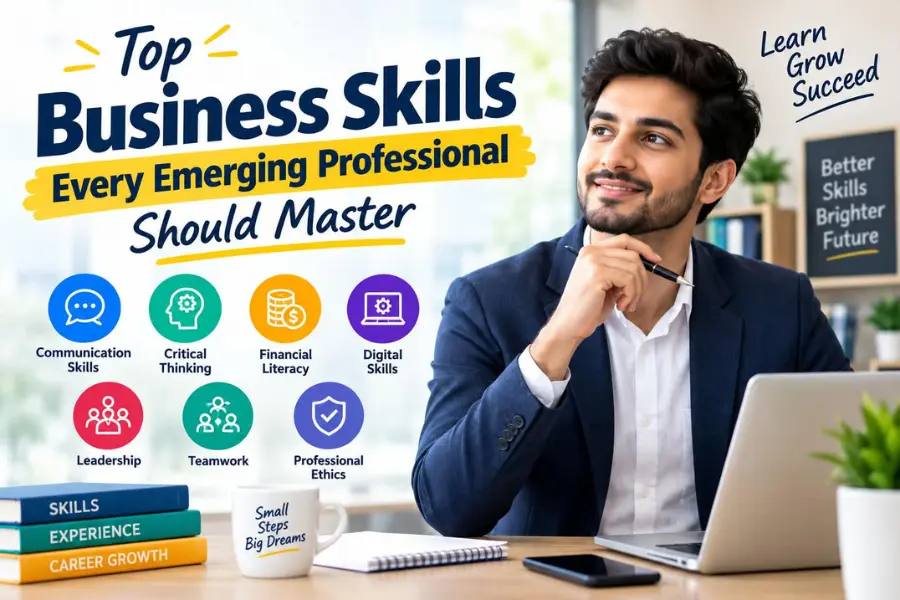 Business skills for emerging professionals, including communication, critical thinking, financial literacy, digital skills, leadership, teamwork, and professional ethics.