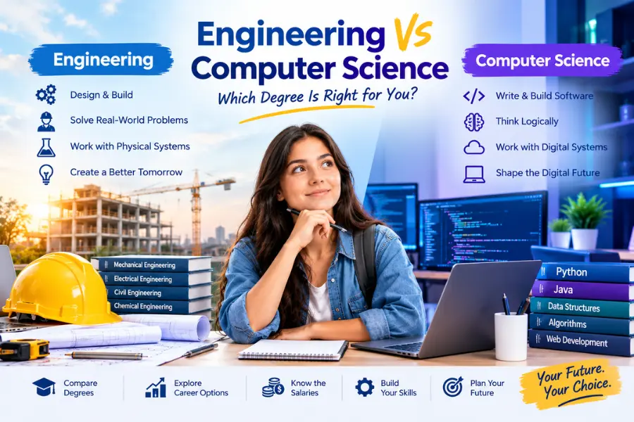 Engineering vs computer science comparison banner featuring a student, engineering blueprints, construction equipment, computer programming, and technology books.