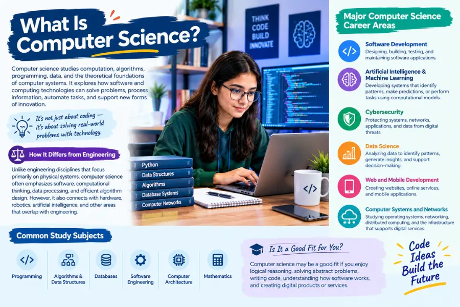 What is computer science banner showing a student coding on a laptop and computer science career areas, including software development, artificial intelligence, cybersecurity, data science, web development, and computer networks.
