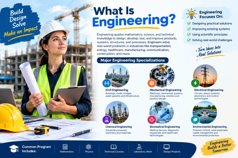 What is engineering banner showing an engineer at a construction site and six engineering specializations, including civil, mechanical, electrical, chemical, biomedical, and environmental engineering.