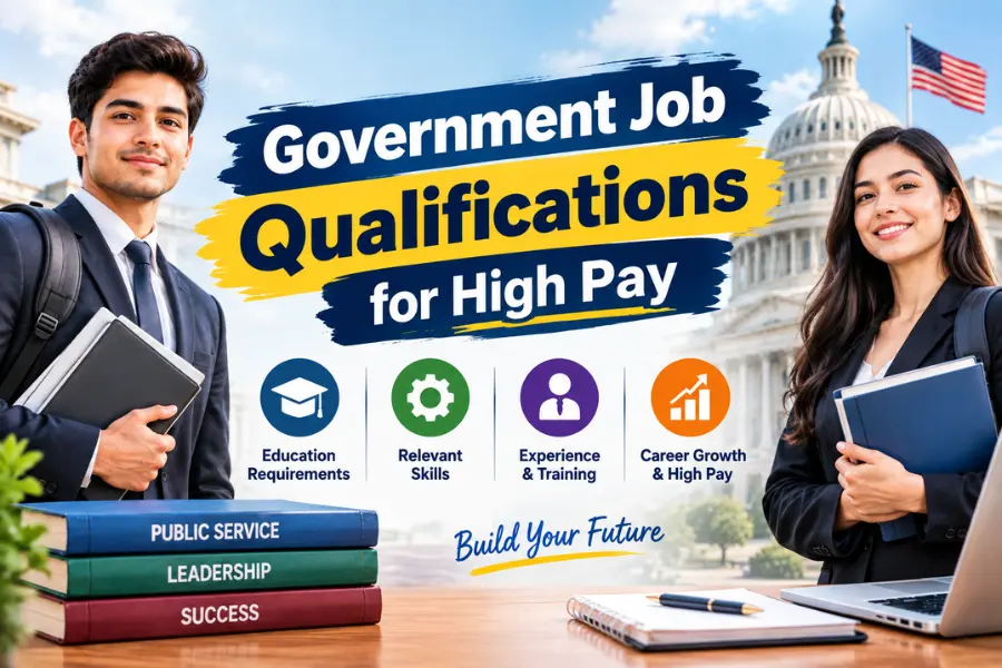 Government job qualifications for high pay featuring young male and female professionals, education requirements, skills, and career growth.